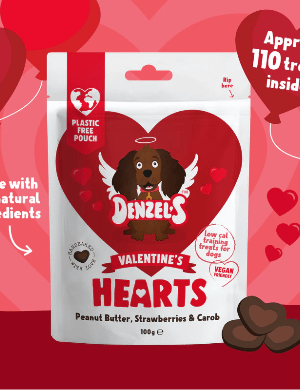 Denzels Valentines Bites - love heart dog treats - Peanut Butter, Strawberries and Carob 100g
