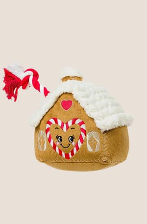 Christmas Gingerbread house plush toy with squeaker and rope