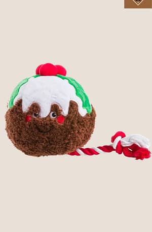 Christmas pudding plush toy with squeaker and rope