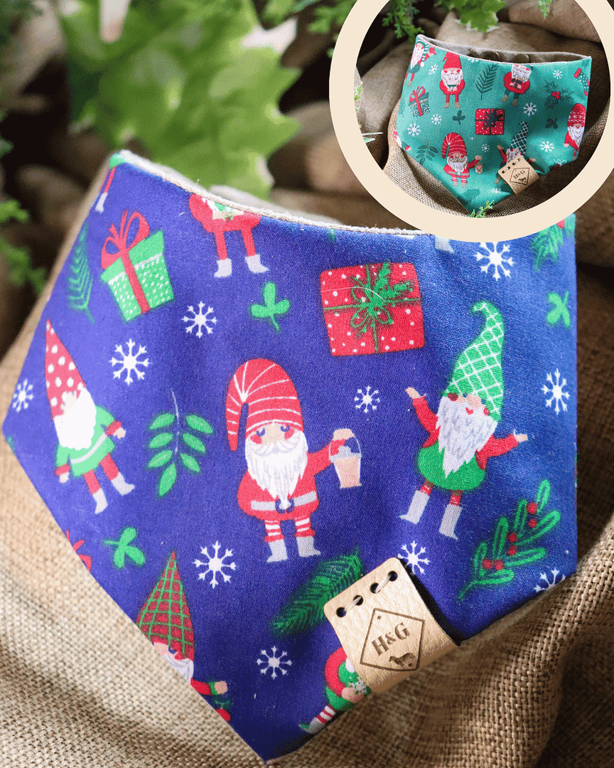 Gnome Sweet Gnome – in Green and Navy- Christmas Dog Bandana